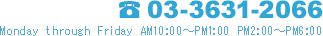 03-3631-2066 Monday through Friday AM10:00～PM1:00 PM2:00～PM6:00